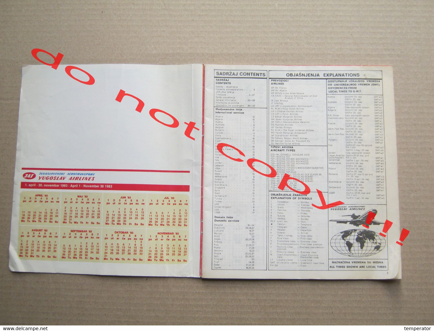 Timetable JAT YUGOSLAV AIRLINES Red Letenja - XIV Olympic Winter Game Sarajevo 1984 VUČKO ... ( Summer 1983 ) RRR - Europa