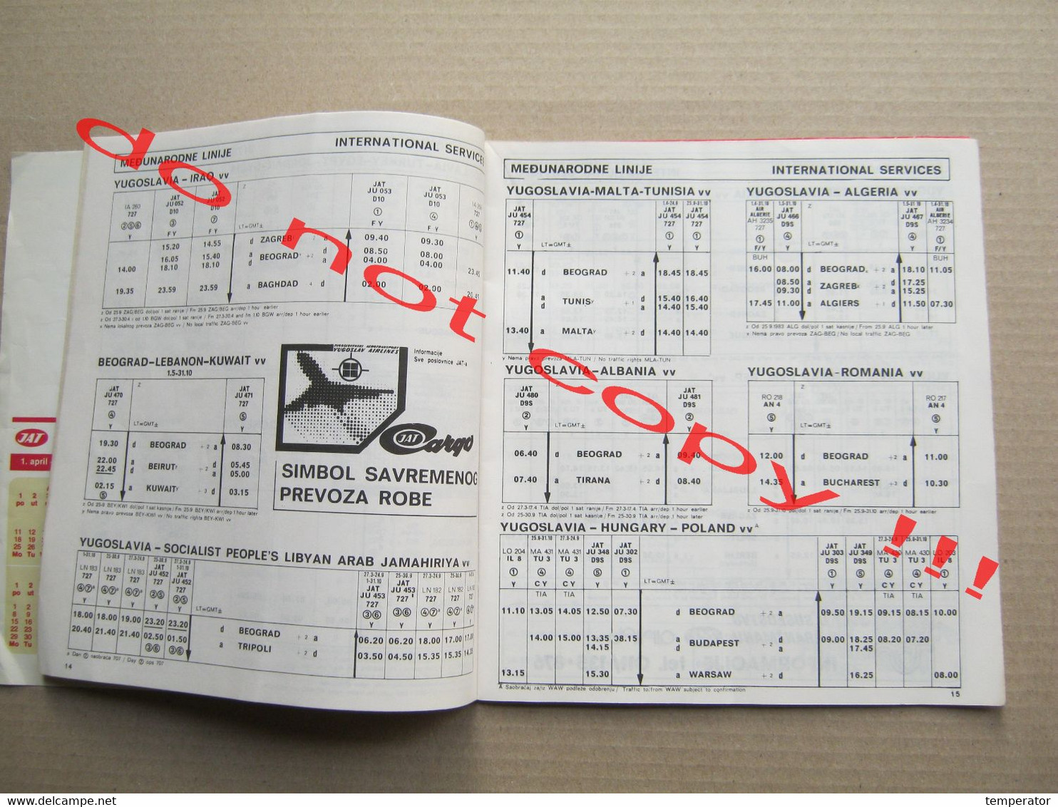 Timetable JAT YUGOSLAV AIRLINES Red letenja - XIV Olympic Winter Game Sarajevo 1984 VUČKO ... ( summer 1983 ) RRR