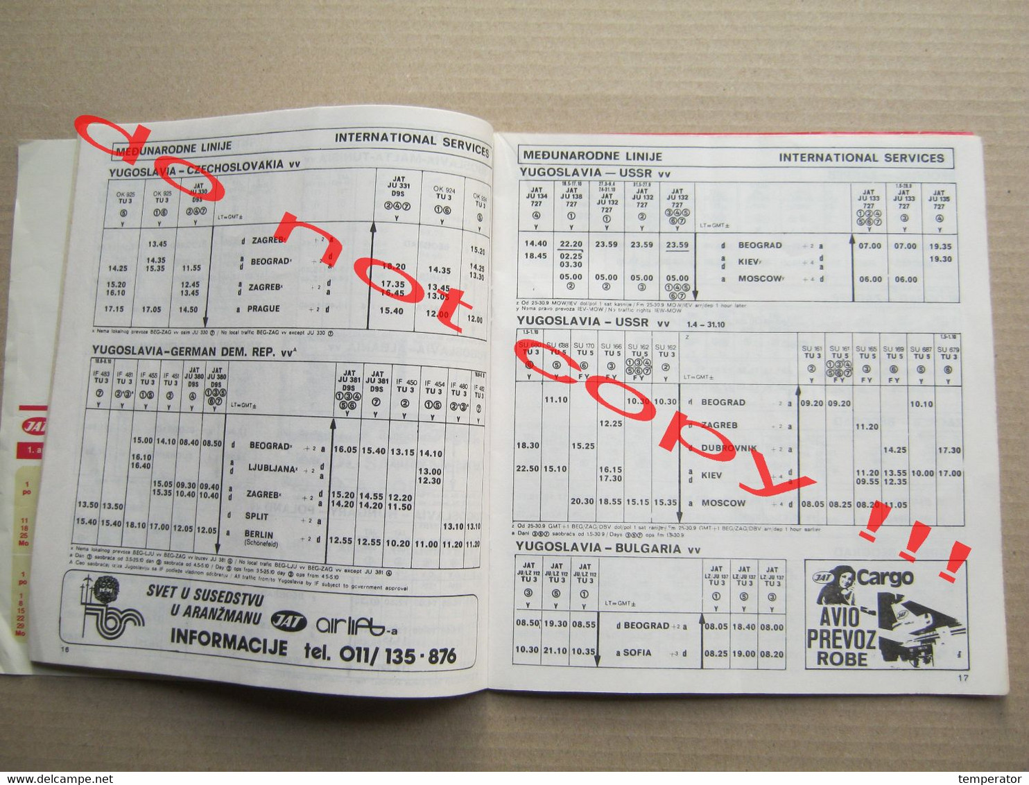 Timetable JAT YUGOSLAV AIRLINES Red letenja - XIV Olympic Winter Game Sarajevo 1984 VUČKO ... ( summer 1983 ) RRR