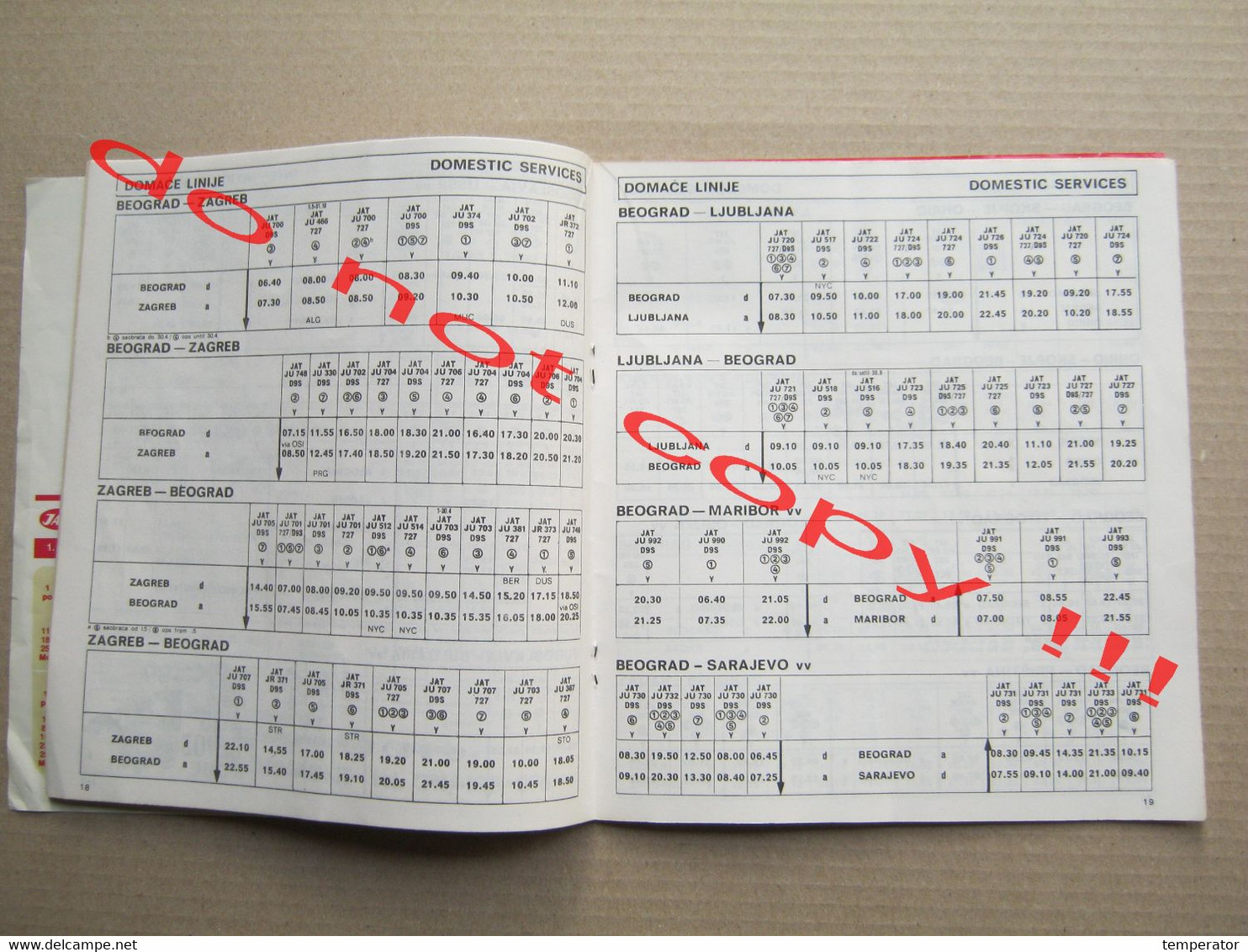 Timetable JAT YUGOSLAV AIRLINES Red letenja - XIV Olympic Winter Game Sarajevo 1984 VUČKO ... ( summer 1983 ) RRR