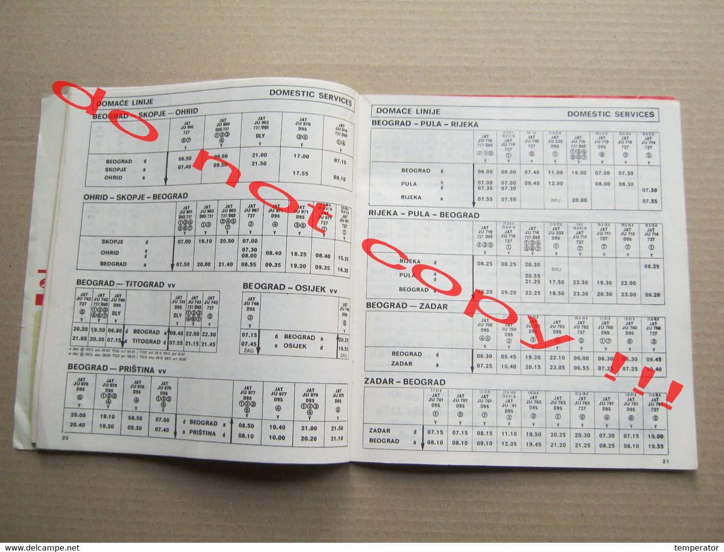 Timetable JAT YUGOSLAV AIRLINES Red letenja - XIV Olympic Winter Game Sarajevo 1984 VUČKO ... ( summer 1983 ) RRR