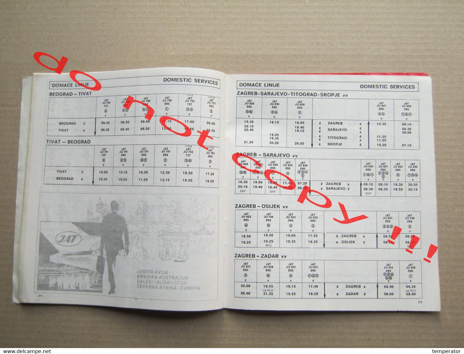 Timetable JAT YUGOSLAV AIRLINES Red letenja - XIV Olympic Winter Game Sarajevo 1984 VUČKO ... ( summer 1983 ) RRR