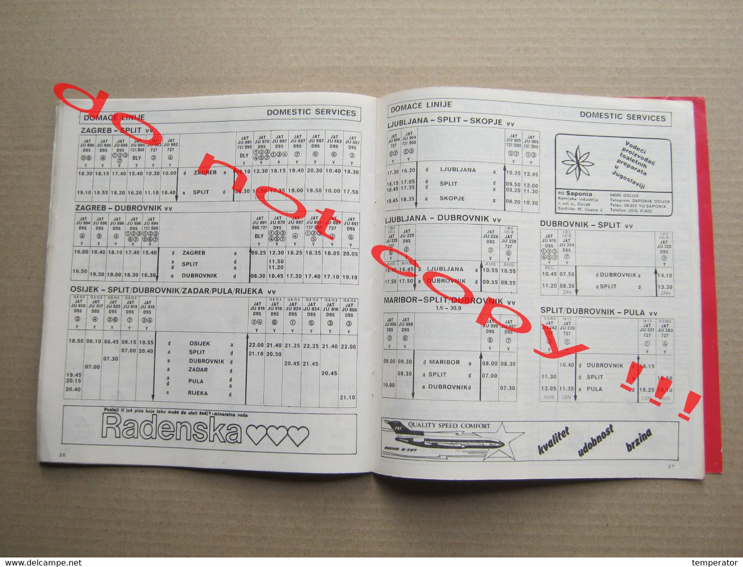 Timetable JAT YUGOSLAV AIRLINES Red letenja - XIV Olympic Winter Game Sarajevo 1984 VUČKO ... ( summer 1983 ) RRR