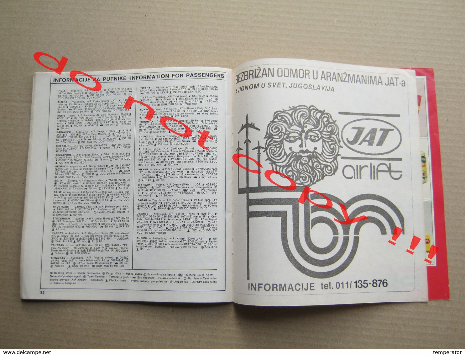 Timetable JAT YUGOSLAV AIRLINES Red letenja - XIV Olympic Winter Game Sarajevo 1984 VUČKO ... ( summer 1983 ) RRR