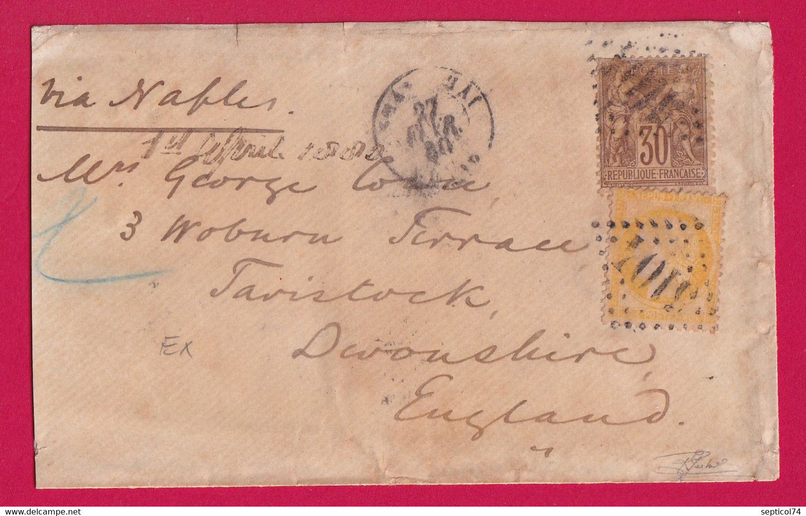 N°38 69 GC 5104 SHANGHAI CHINE CHINA POUR TAVISTOCK ANGLETERRE 1880 MIXTE SAGE CERES VIA NAPLES ITALIE LETTRE COVER - Cartas & Documentos