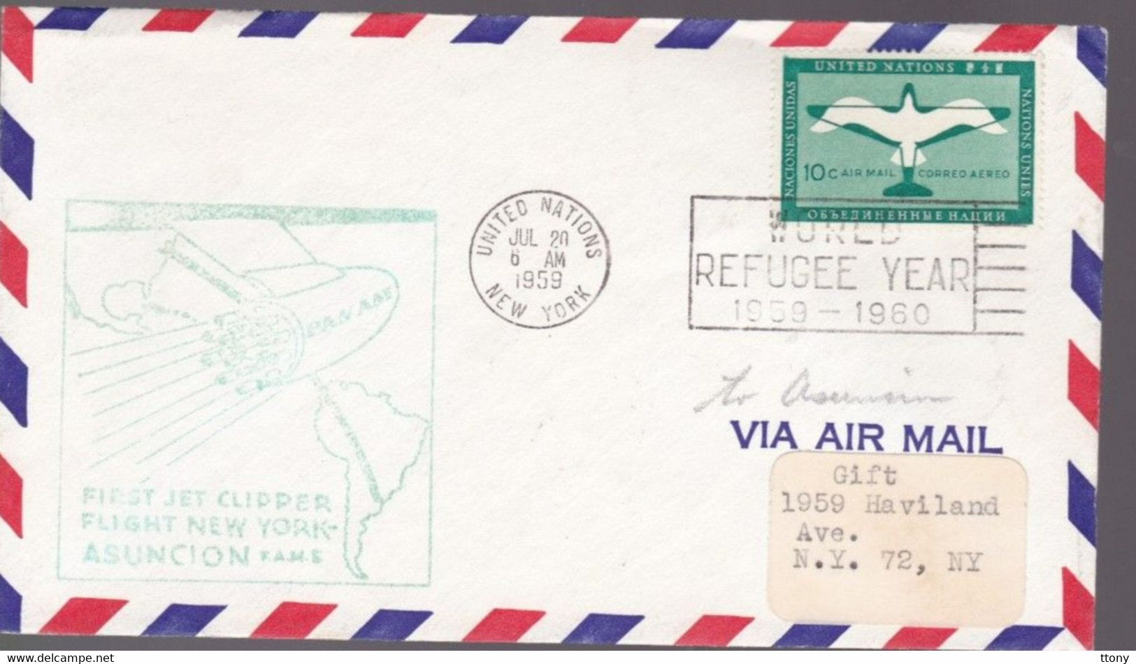 Une  Enveloppe United Nations  New- York  1959  First Jet Service  New- York  - Buenos  - Aires - Storia Postale