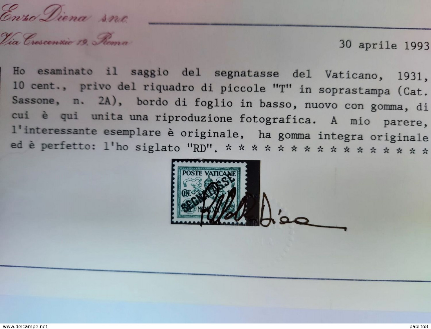 CITTÀ DEL VATICANO VATIKAN VATICAN CITY 1931 RARO SEGNATASSE TAXES DUE TASSE SAGGIO ESSAY CENT. 10c MNH CERTIFICATO - Postage Due