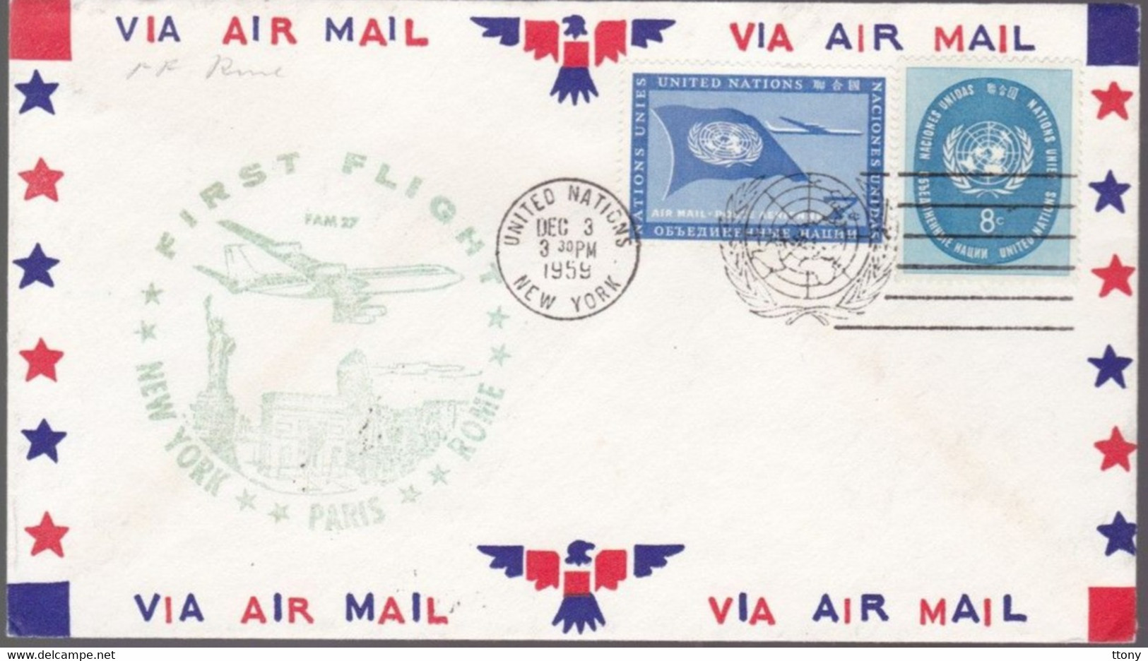 Une  Enveloppe United Nations  New- York  1959  First Jet Service  New- York  Paris Rome - Storia Postale