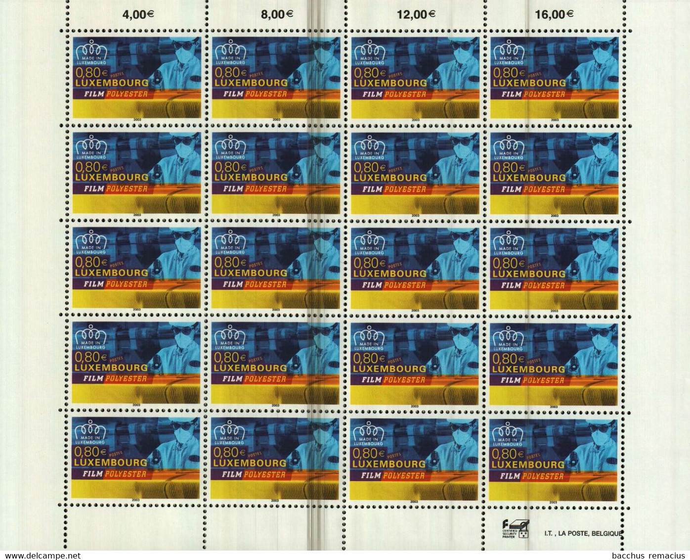 LUXEMBOURG Feuille De 20 Timbres à 0,80 Euro Produits Luxembourgeois : Film Polyester De DuPont De Nemours 2003 - Fogli Completi