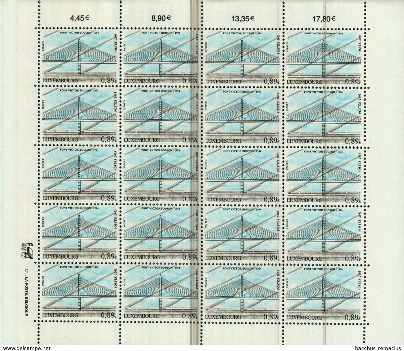 LUXEMBOURG Feuille De 20 Timbres à 0,89 Euro Pont Victor Bodson (1994) 2003 - Feuilles Complètes