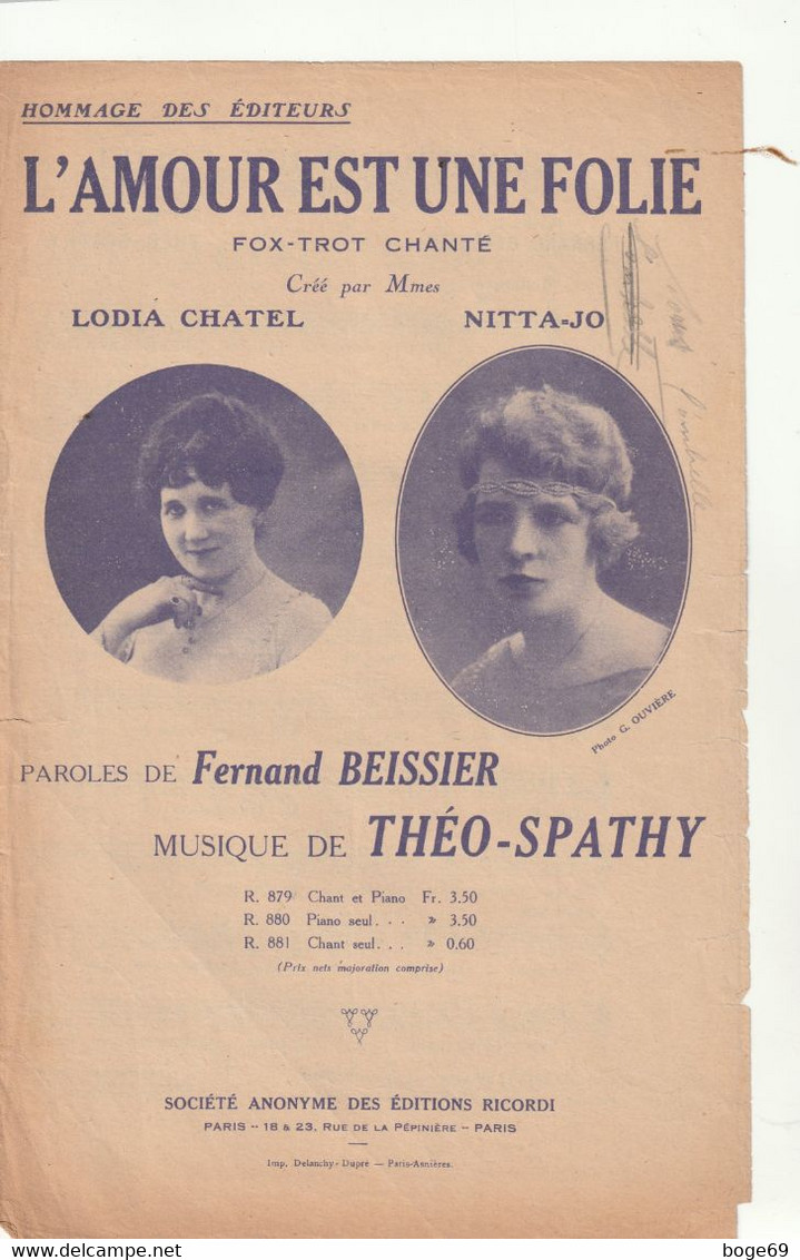 (CLU)l' Amour Est Une Folie , LODIA CHATEL , NITTA JO , Paroles FERNAND BEISSIER , Musique THEO SPATHY - Partitions Musicales Anciennes