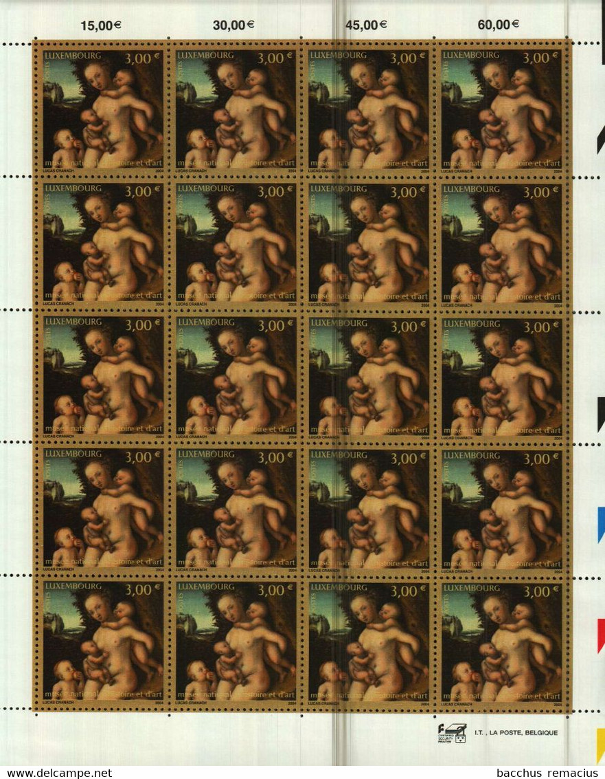 LUXEMBOURG Feuille De 20 Timbres à 3 Euros Musée National D`Histoire Et D`Art Tableau De Lucas Cranach (1472-1553) 2004 - Ganze Bögen