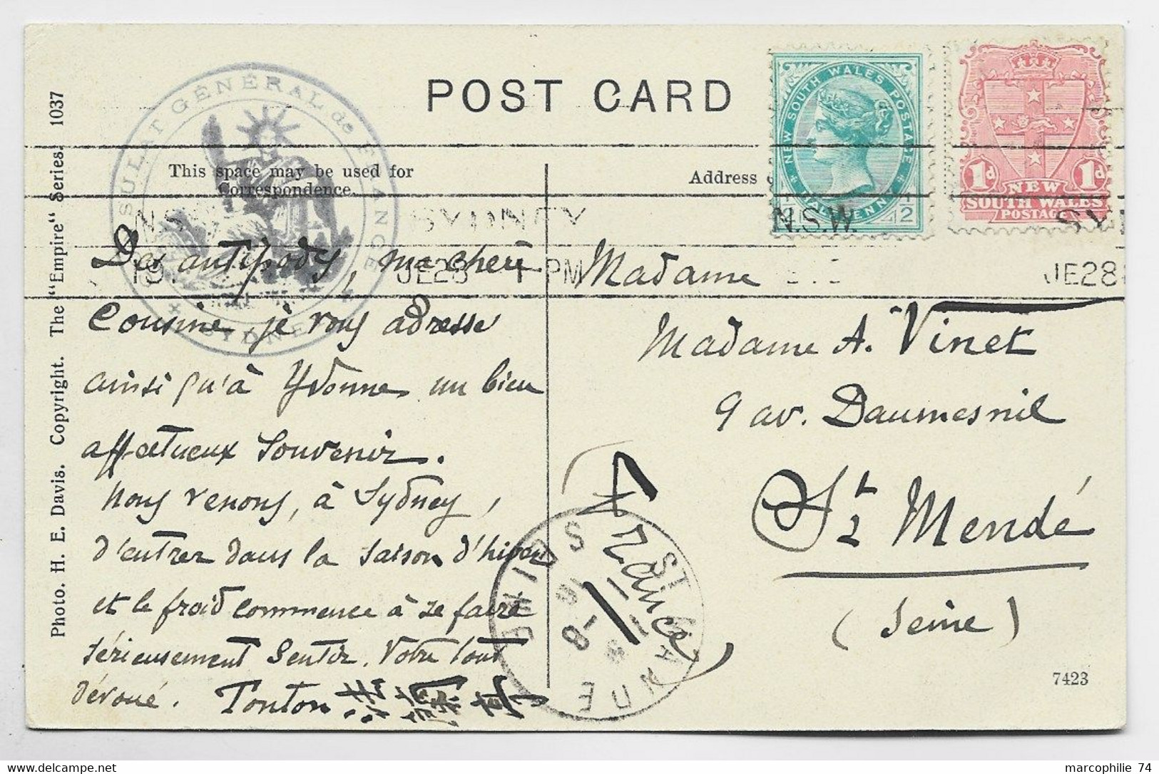AUSTRALIA SOUTH WALES 1D+1/2C POST CARD SYDNEY 1916+ CONSULAT GENERAL DE FRANCE SYDNEY - Covers & Documents