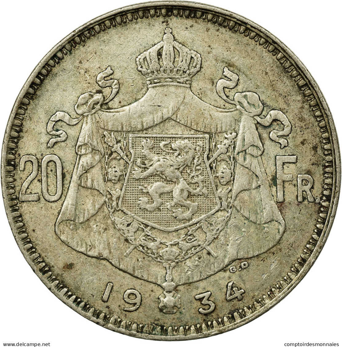 Monnaie, Belgique, 20 Francs, 20 Frank, 1934, TB+, Argent, KM:104.1 - 20 Frank