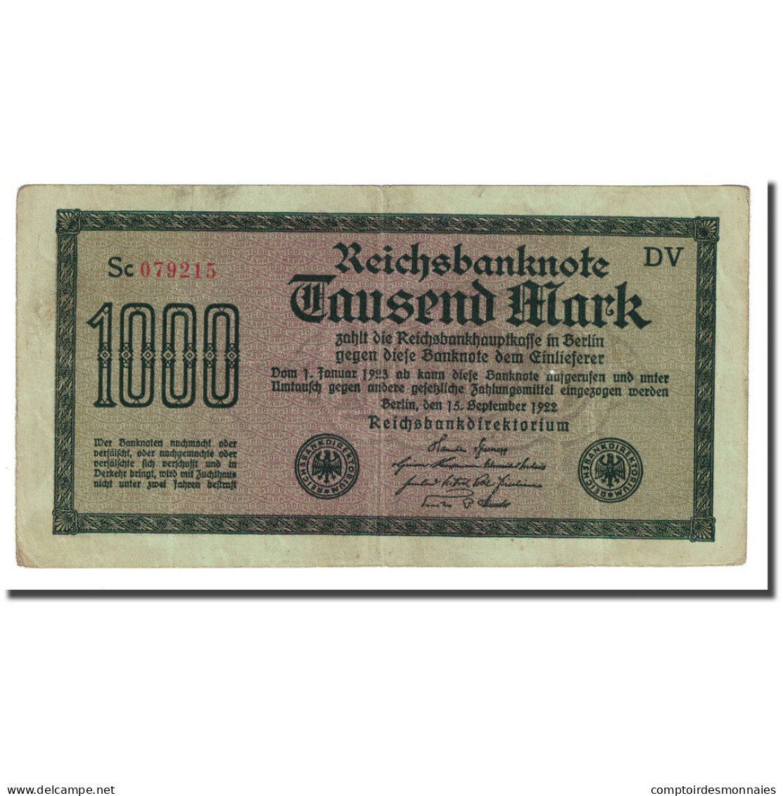 Billet, Allemagne, 1000 Mark, 1922-09-15, KM:76g, TTB - 1000 Mark