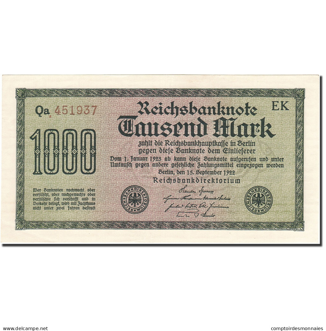 Billet, Allemagne, 1000 Mark, 1922, 1922-09-15, KM:76c, SUP - 1000 Mark