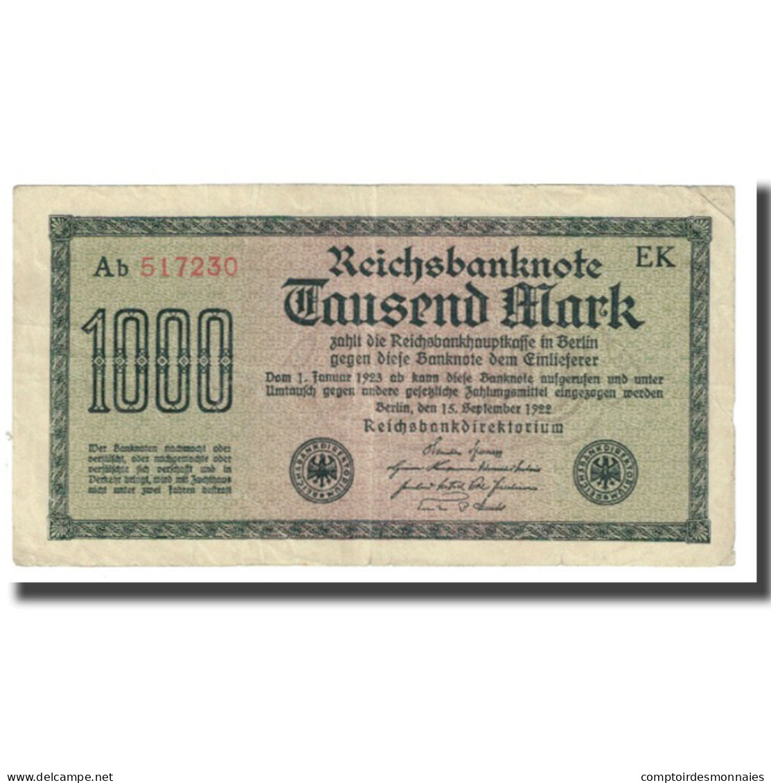 Billet, Allemagne, 1000 Mark, 1922, 1922-09-15, KM:76a, TTB - 1000 Mark