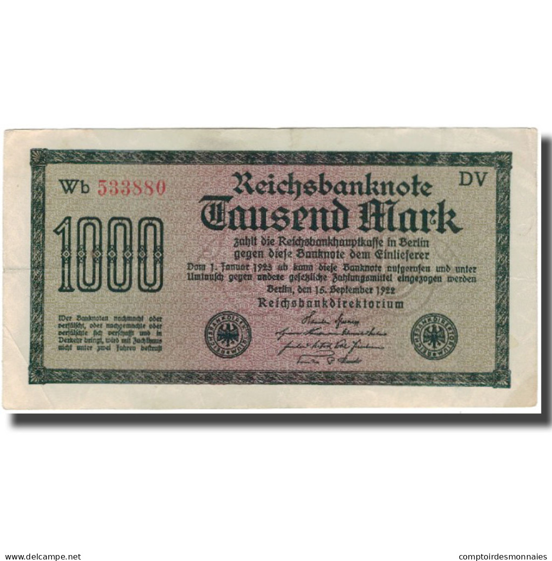 Billet, Allemagne, 1000 Mark, 1922, KM:76e, TTB - 1000 Mark