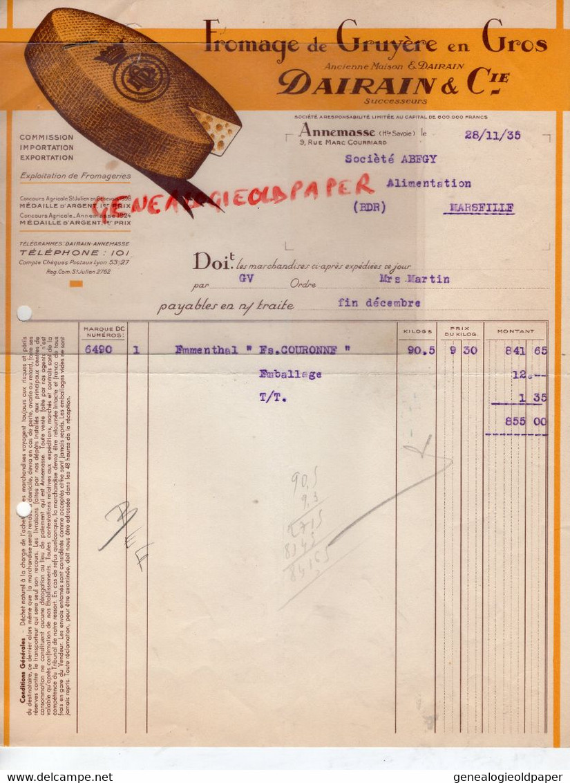 74- ANNEMASSE- BELLE FACTURE DAIRAIN-FROMAGE GRUYERE -FROMAGERIE  EMMENTHAL -9 RUE MARC COURRIAD- 1935 - Lebensmittel