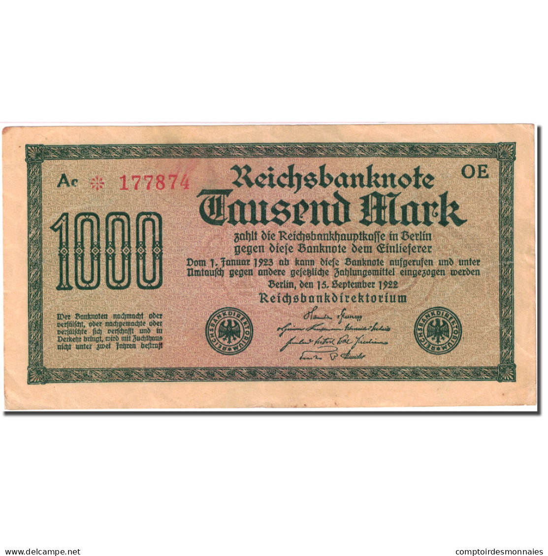 Billet, Allemagne, 1000 Mark, 1922, 1922-09-15, KM:76b, TTB - 1000 Mark
