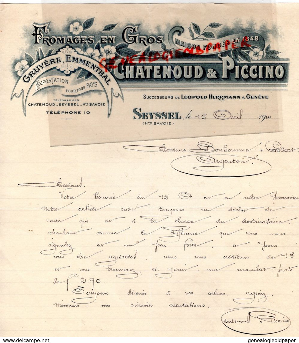 74- SEYSSEL- LETTRE CHATENOUD PICCINO- FROMAGERIE FROMAGES GRUYERE EMMENTHAL-LEOPOLD HERRMANN A GENEVE-1920 - Food