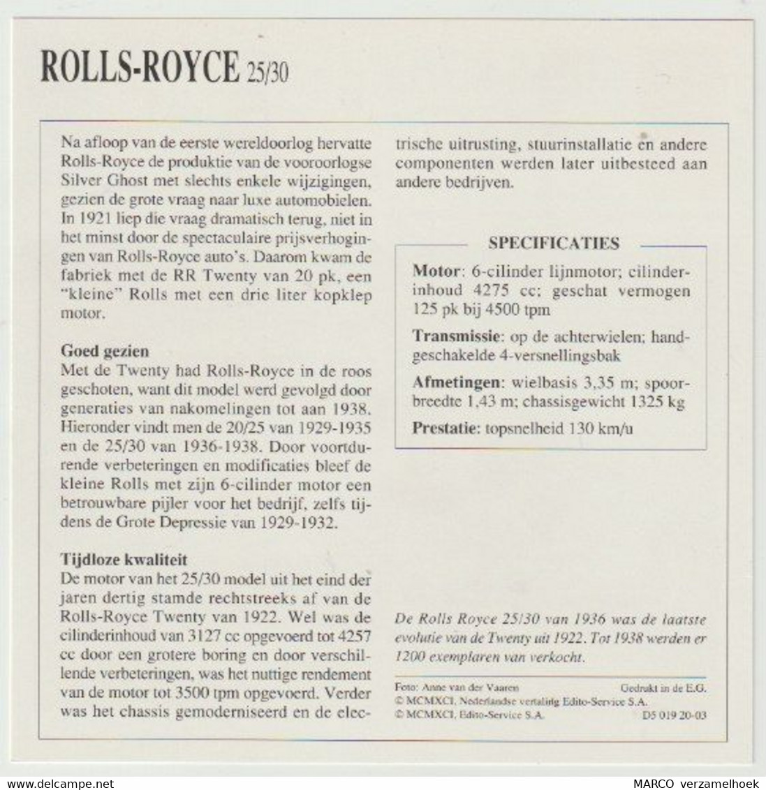 Verzamelkaarten Collectie Atlas: ROLLS-ROYCE 25/30 - Automobili
