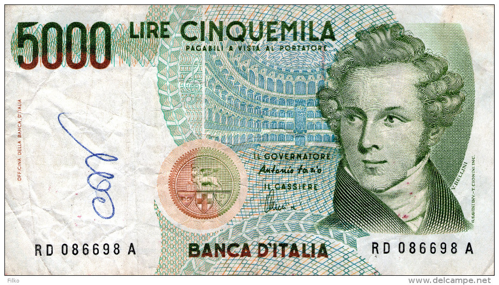 Italy, 5000 Lit. BelliniI,P.111c,Signatures : Fazio & Amici,1985 Serie: RD 086698 S,used,see Scan - 5.000 Lire