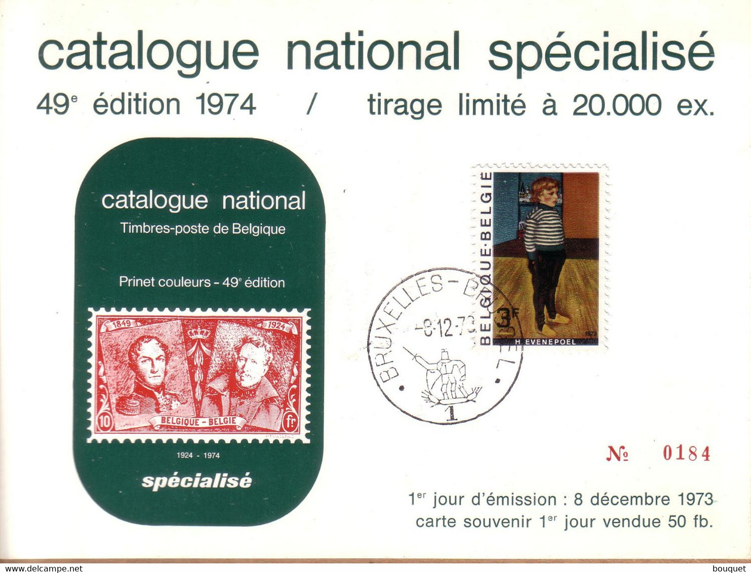 BELGIQUE - CARTE SOUVENIR CATALOGUE NATIONAL BRUXELLES , 1ER JOUR 8 DECEMBRE 1973 , 3 F H. EVENEPOEL - Souvenir Cards - Joint Issues [HK]