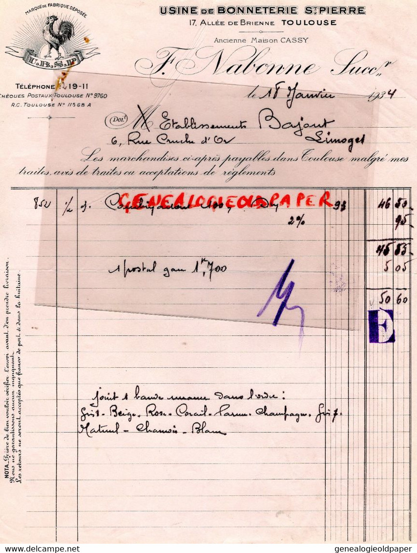 31- TOULOUSE- FACTURE F. NABONNE -MAISON CASSY-USINE BONNETERIE ST SAINT PIERRE- COQ-17 ALLEE DE BRIENNE-1934 - Textilos & Vestidos