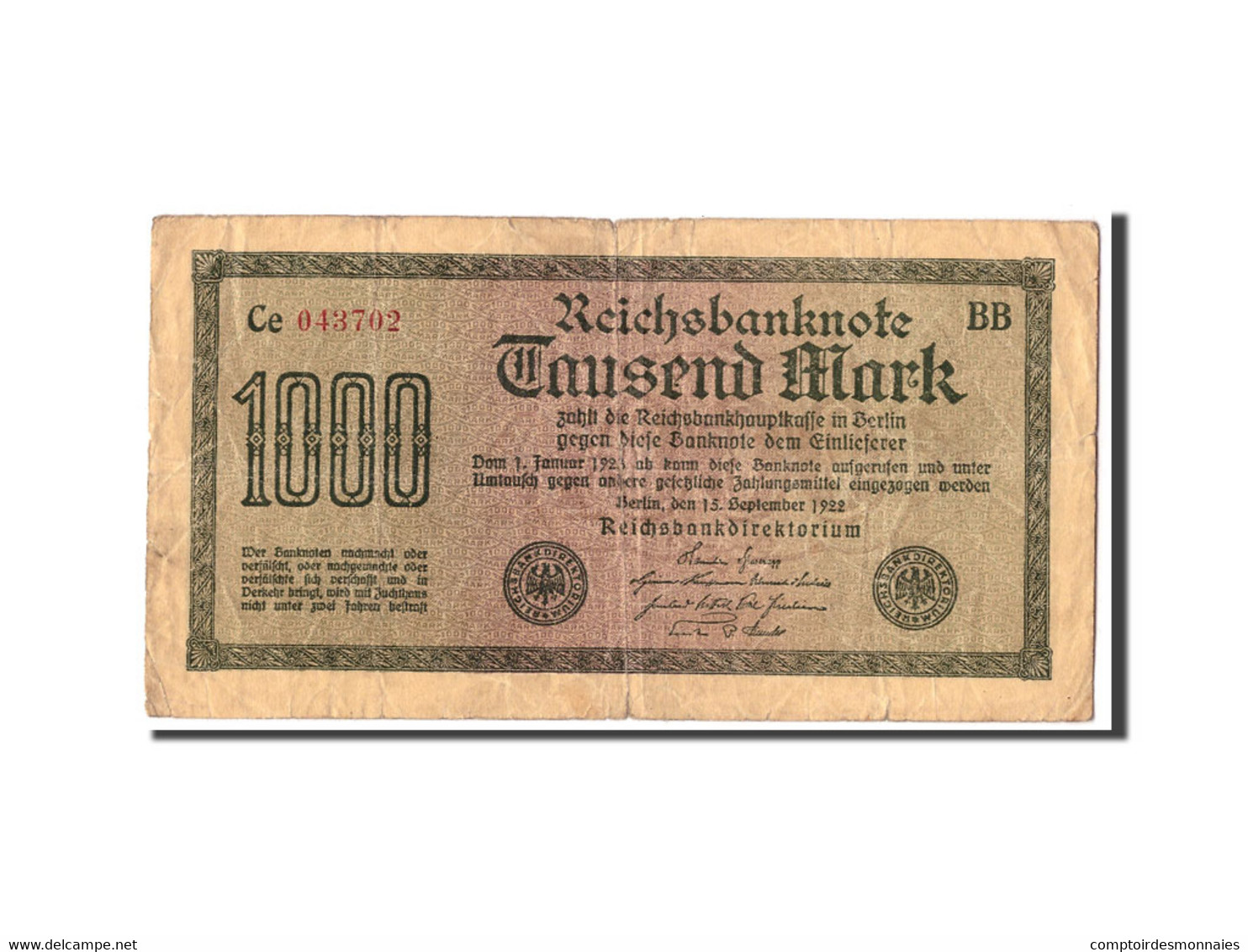 Billet, Allemagne, 1000 Mark, 1922, 1922-09-15, KM:76b, B - 1.000 Mark