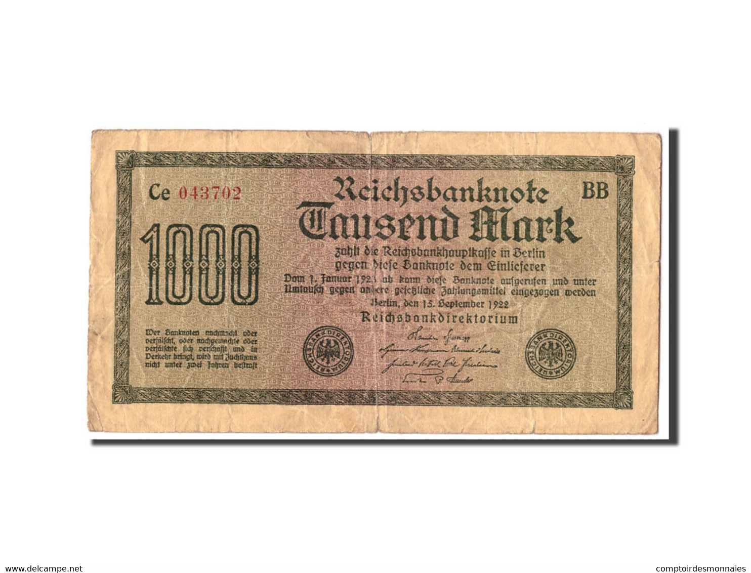 Billet, Allemagne, 1000 Mark, 1922, 1922-09-15, KM:76b, B - 1000 Mark