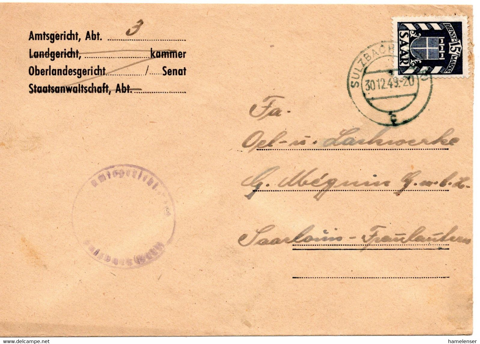 55496 - Deutschland / Saargebiet 15F Dienst EF A Bf SULZBACH -> Saarlouis - Storia Postale