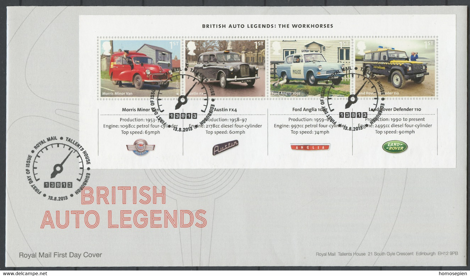 Grande Bretagne - Great Britain - Großbritannien FDC 2013 Y&T N°F3910 à 3913 - Michel N°B84 - Voirtures De Légende - 2011-2020 Dezimalausgaben