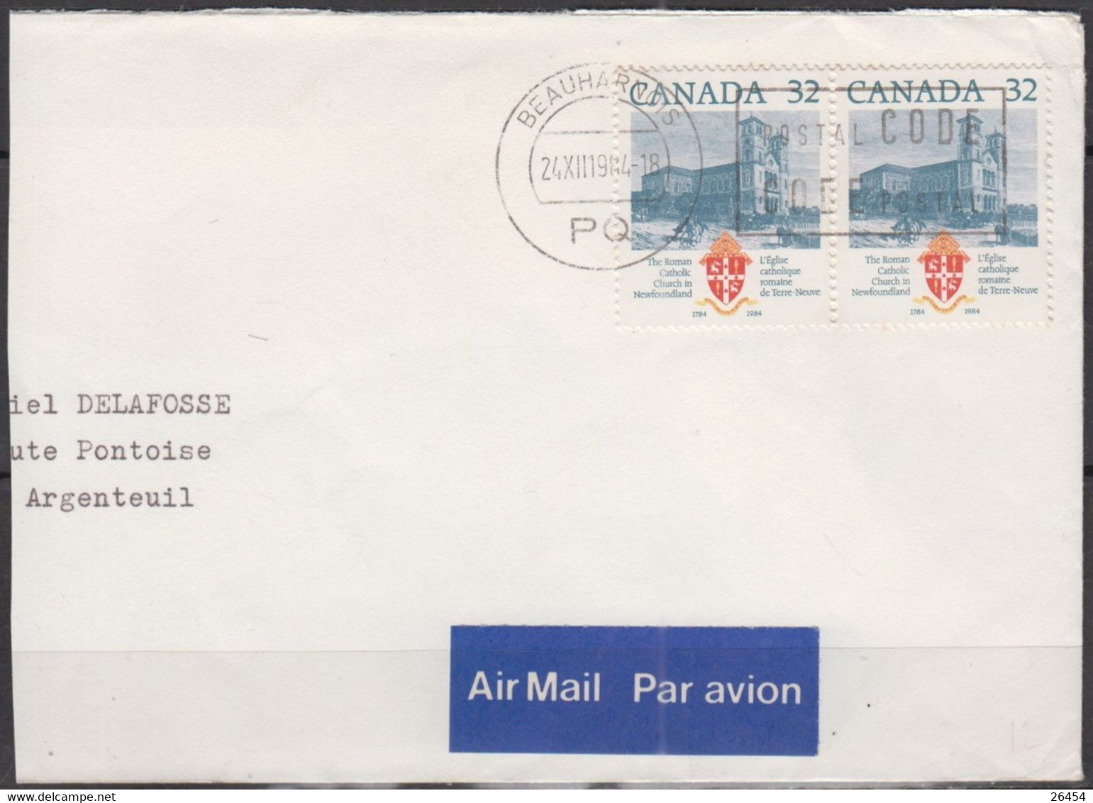 La Paire CANADA 32 L'église Catholique Romaine De TERRE-NEUVE Sur Enveloppe Coupée  De BEAUHARNOIS Le 24 XII 1984 - Lettres & Documents