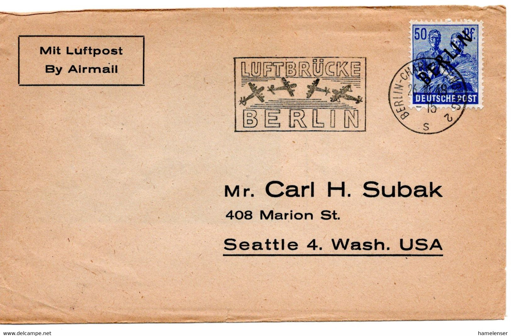 55508 - Berlin - 1948 - 50Pfg Schwarzaufdruck EF A Bf BERLIN - LUFTBRUECKE ... -> Seattle, WA (USA) - Storia Postale