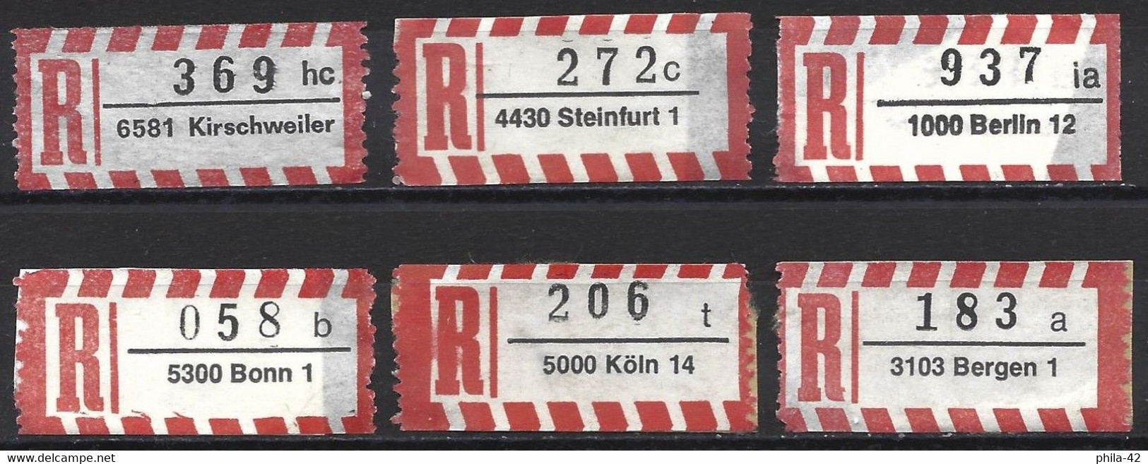 Germany FRG - Labels Registered Letter - Set 6 Labels - R- & V- Vignetten