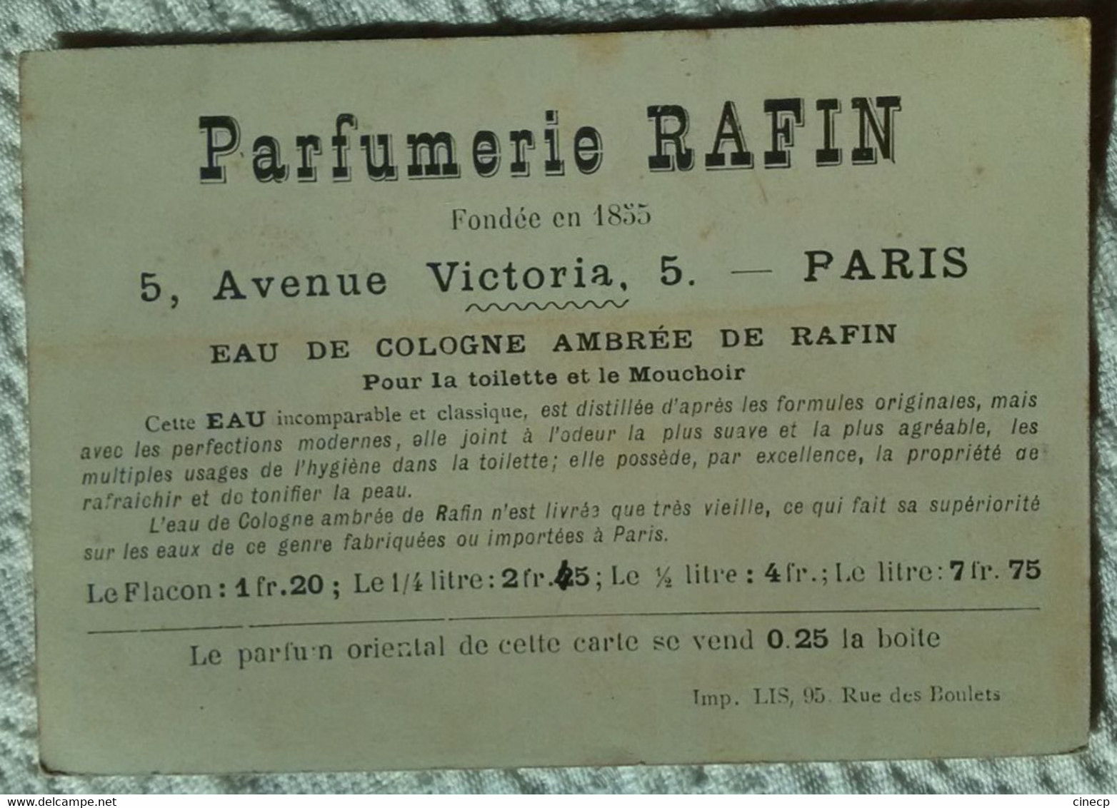Très Jolie Carte Ancienne PARFUMERIE RAFIN PARIS PARFUM ORIENTAL Eau De Cologne Ambrée - Anciennes (jusque 1960)