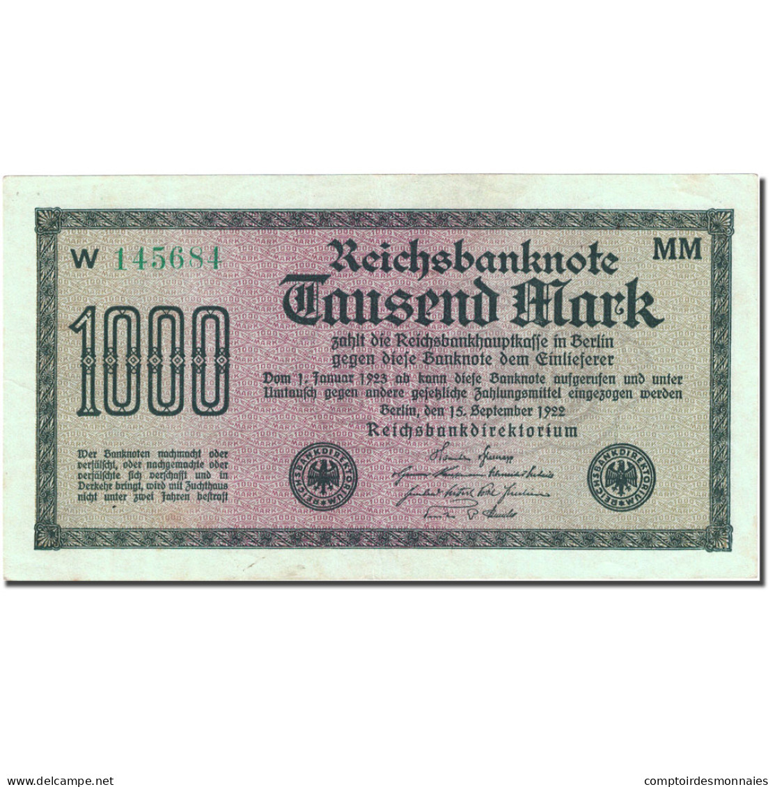 Billet, Allemagne, 1000 Mark, 1922, 1922-09-15, KM:76g, TTB+ - 1000 Mark