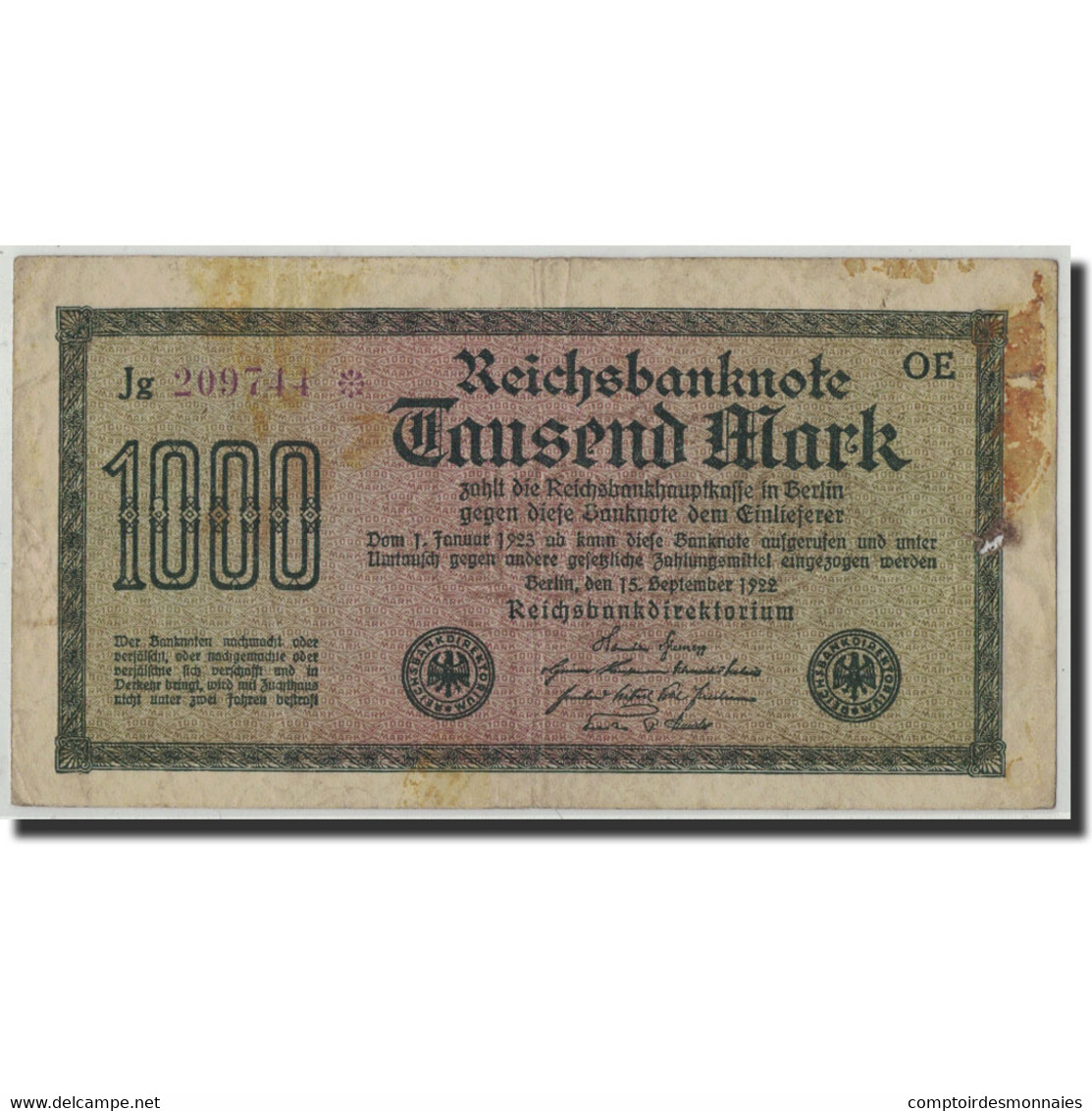 Billet, Allemagne, 1000 Mark, 1922, 1922-09-15, KM:76d, B+ - 1000 Mark