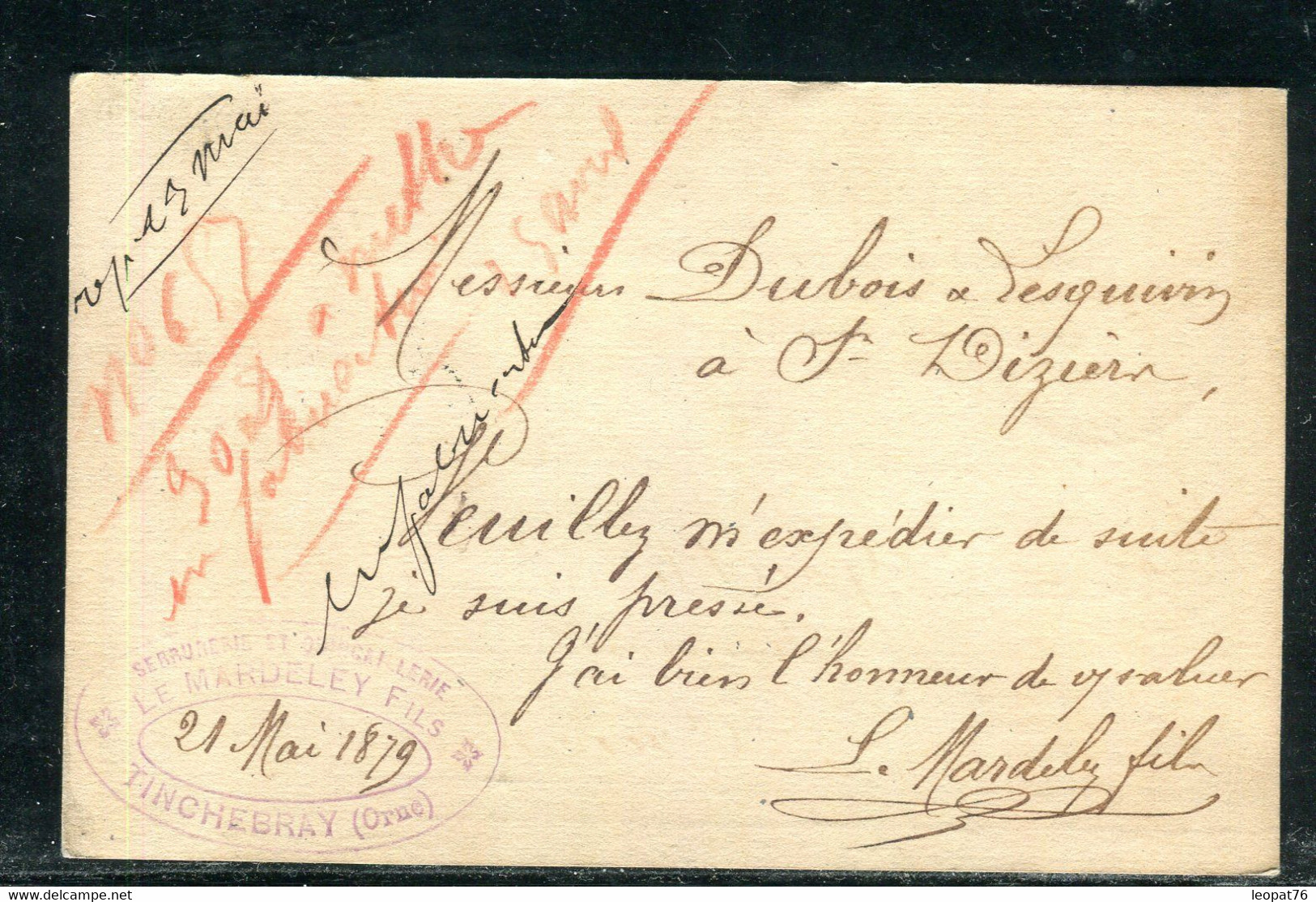 Sage 10ct Sur Carte Précurseur De Tinchebray Pour St Diziers En 1879 - N 329 - Precursor Cards