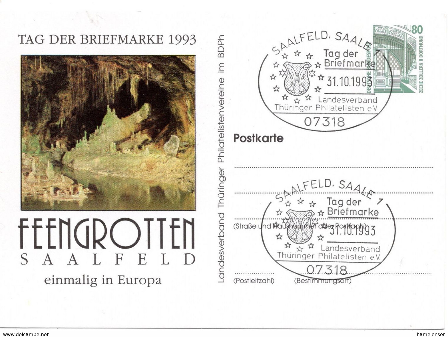 55523 - Bund - 1993 - 80Pfg SWK PGAKte "Feengrotten Saalfeld" M SoStpl SAALFELD - TAG DER BRIEFMARKE ... - Journée Du Timbre