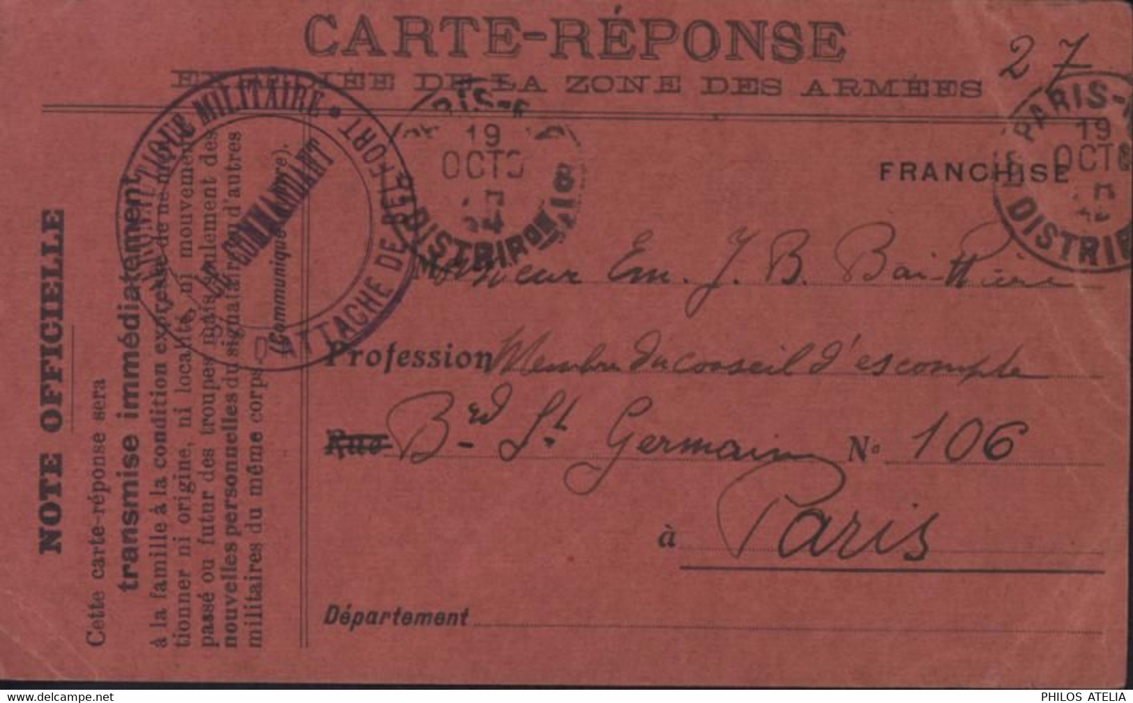 Guerre Carte Réponse Expédiée Zone Des Armées Franchise Cachet Aéronautique Militaire Port D'attache Belfort Aérostiers - Altri & Non Classificati