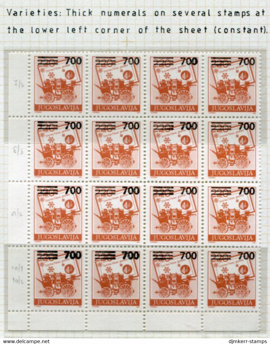 YUGOSLAVIA 1989 Surcharge 700/220 D. Blocks Of 16 With Thick Numerals At Lower Sheet Corner MNH / **.  Michel 2359 - Neufs