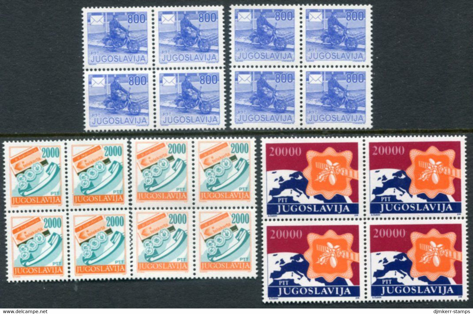 YUGOSLAVIA 1989 Postal Services Definitive 800, 2000, 20000 D. Both Perforations Blocks Of 4  MNH / **.  Michel 2360-62 - Unused Stamps