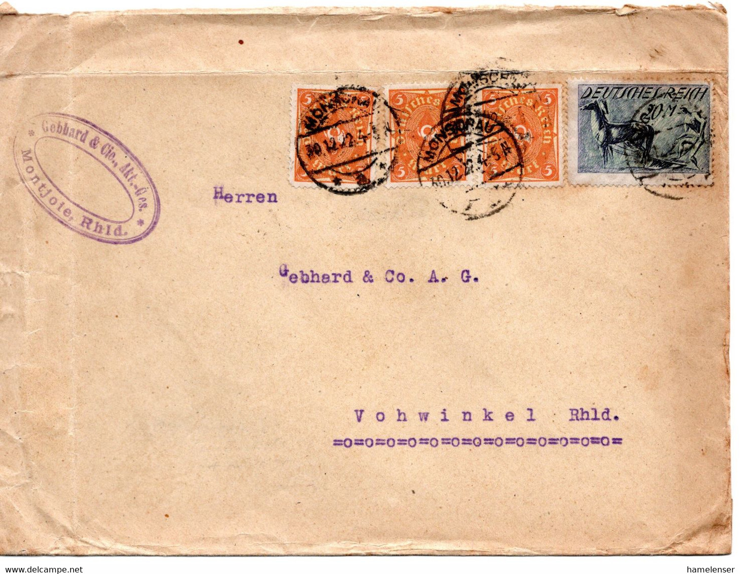 55536 - Deutsches Reich - 1922 - 20M Pflueger MiF A Bf MONSCHAU -> Vohwinkel - Covers & Documents