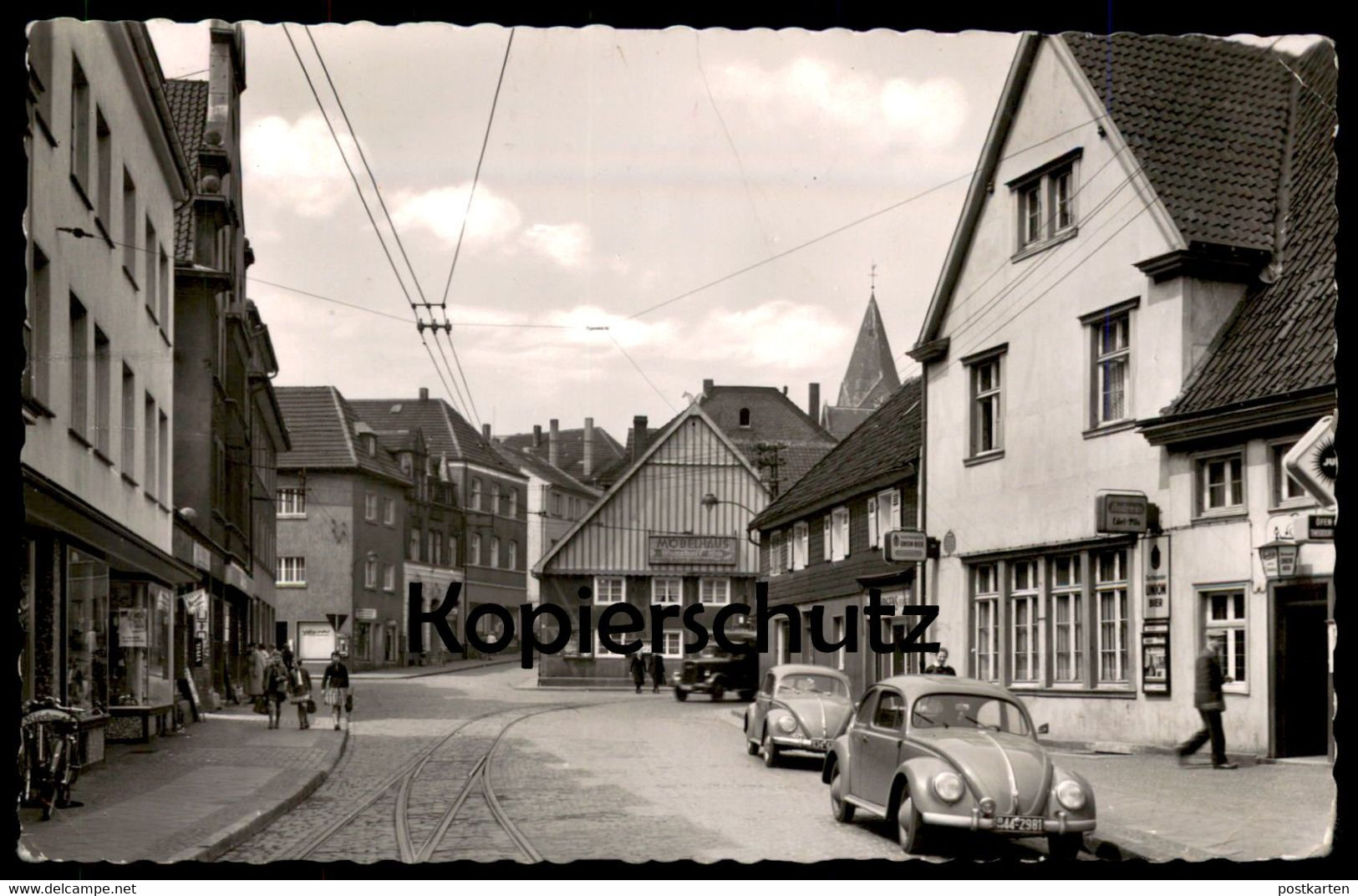 ÄLTERE POSTKARTE WALTROP DORTMUNDER STRASSE VIVIL ANDREAS EDEL-PILS UNION BIER HINWEIS MÖBEL MUSSHOFF VW KÄFER Postcard - Waltrop