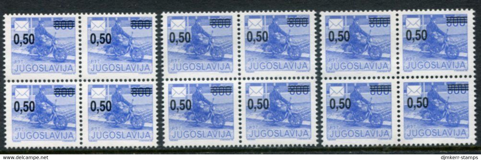 YUGOSLAVIA 1990 Surcharge 0.50/800 D  Three Blocks Of 4 With Different Perforations And Papers MNH / **.  Michel 2421A,C - Ungebraucht