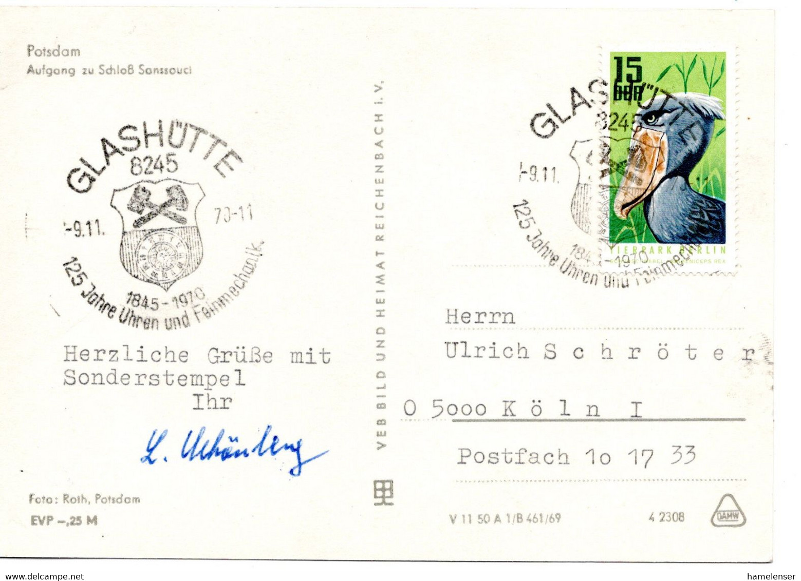 55547 - DDR - 1970 - 15Pfg Zoo Berlin EF A AnsKte SoStpl GLASHUETTE - 125 JAHRE UHREN ... -> Westdeutschland - Relojería