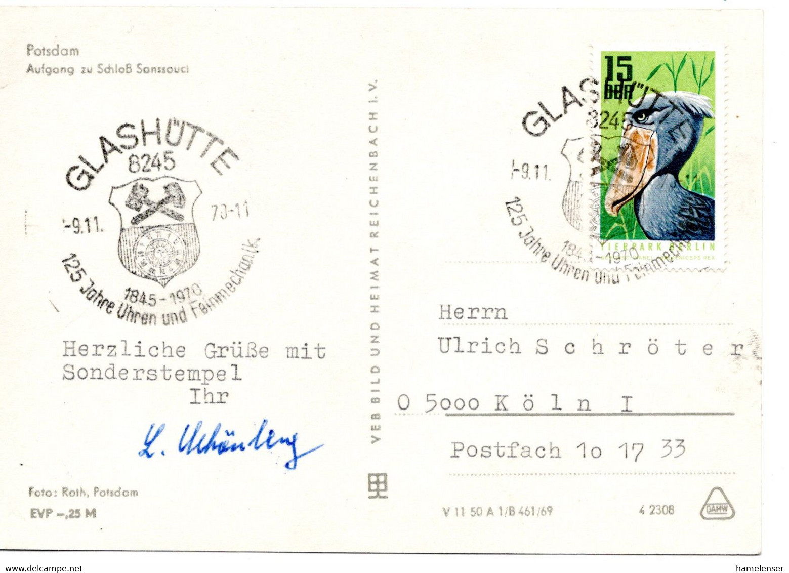 55547 - DDR - 1970 - 15Pfg Zoo Berlin EF A AnsKte SoStpl GLASHUETTE - 125 JAHRE UHREN ... -> Westdeutschland - Clocks