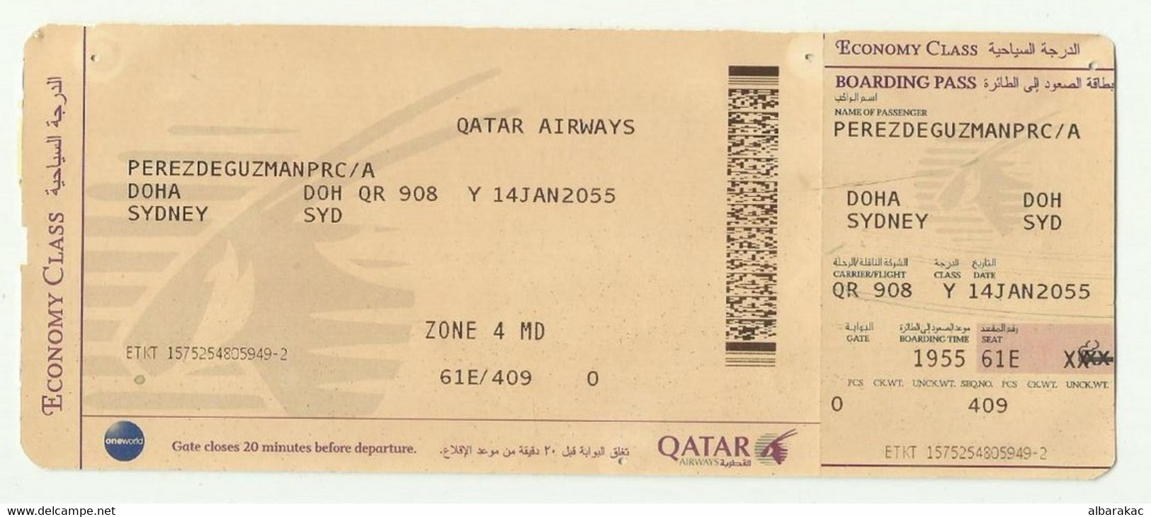 Qatar Airways Boarding Pass - Doha To Sydney - World